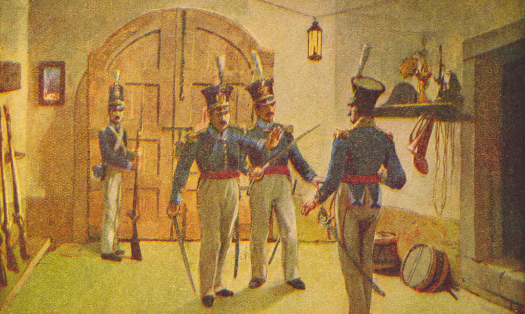 Episódio da Revolução do Porto. Nela, o Capitão Sousa Magalhães e o Tenente Paulo Correia impedem entrada do Coronel Grant no Regimento de Infantaria n.º 6. A pintura foi feita em 1917 por Roque Gameiro e publicada em "Retratos da História de Portugal".